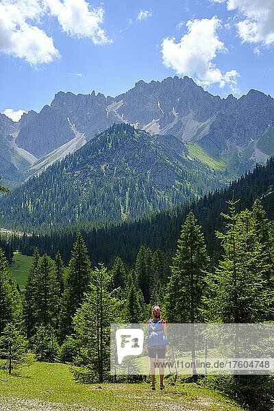 Wanderer  Bergsteiger an der Eppzirler Alm  Eppzirler Tal  bei Scharnitz  Gießenbach  Karwendelgebirge  Tirol  Österreich  Europa