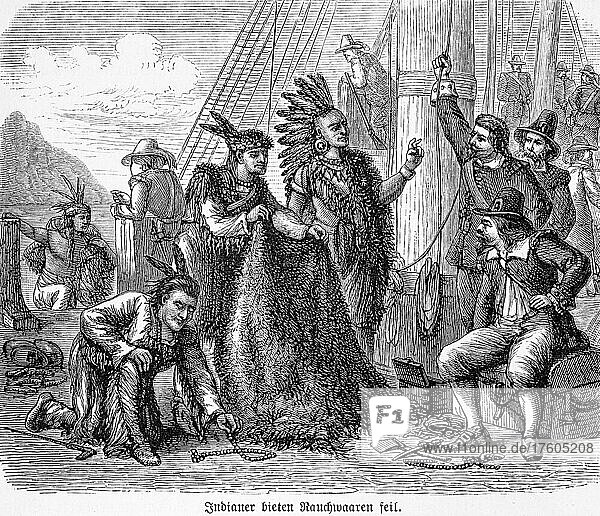 Indians  Europeans  conquest  settlement  trade  barter  ship  on board  sailors  necklace  furs  feather jewellery  tobacco  historical illustration  1885  North America