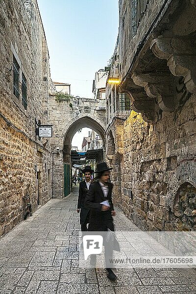 Orthodox Jews during Shabbat in the Old Town of Jerusalem  Israel  Middle East  Asia