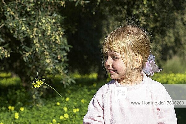 Frühling auf Kreta  kleines blondes Mädchen hält eine gelbe Blume in der Hand  sitzt auf einer Frühlingswiese unter Olivenbäumen (Oliva)  Insel Kreta  Griechenland  Europa