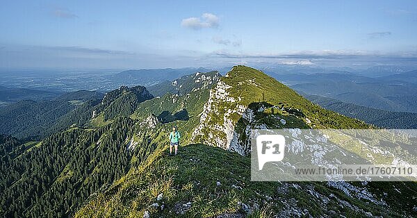 Wanderer  Wanderung zur Benediktenwand  Berge und Landschaft  Bayrische Voralpenlandschaft  Benediktbeuern  Bayern  Deutschland  Europa