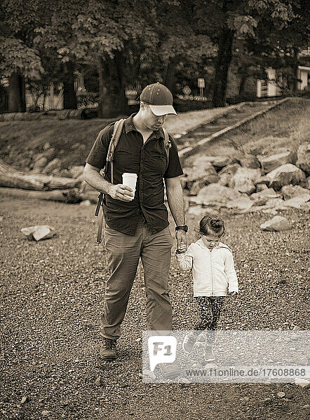 Ein Vater hält die Hand seiner kleinen Tochter  die zusammen am Strand von Horseshoe Bay in BC  Kanada  spazieren geht; West Vancouver  British Columbia  Kanada