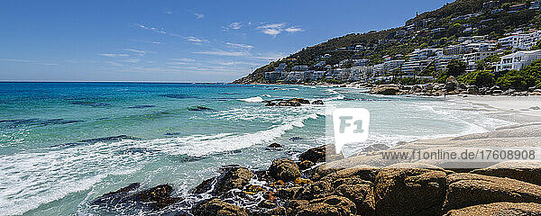Atlantic ocean and rocky coast along the shore of the Cape Town suburb of Clifton at Clifton Beach; Cape Town  Western Cape  South Africa