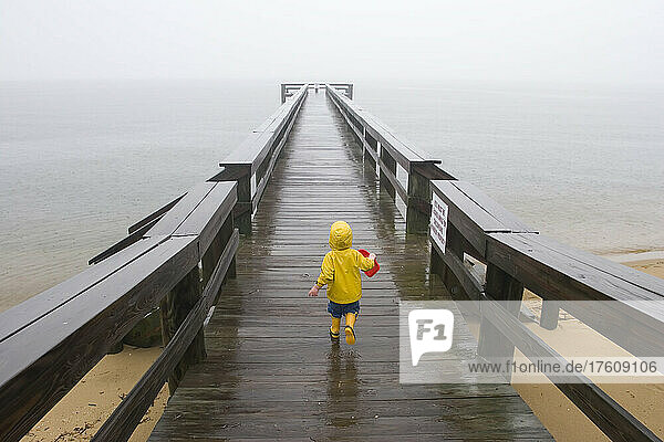 A little boy in a yellow raincoat walks down a pier in the rain.; Annapolis  Maryland.