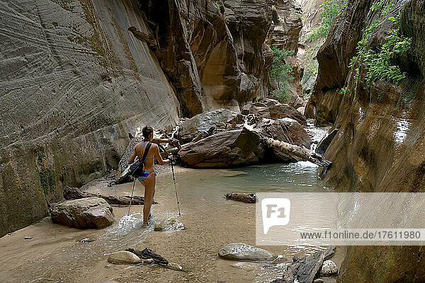 A young woman explores the upper reaches of The Narrows in Zion National Park.