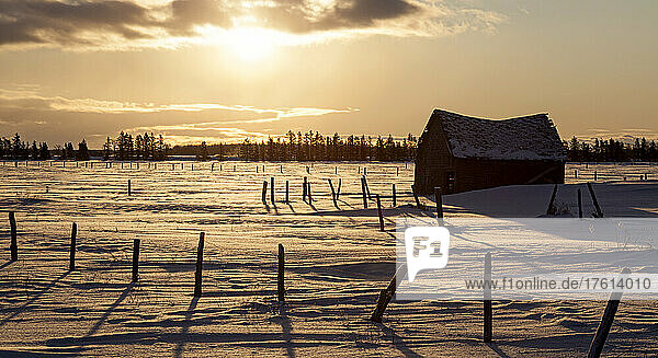 Verfallene Scheune bei Sonnenaufgang im Winter; Rudyard  Michigan  Vereinigte Staaten von Amerika
