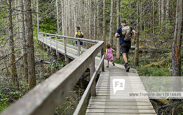 Junge Familie beim gemeinsamen Wandern auf einem Promenadenweg im Smuggler Cove Marine Provincial Park an der Sunshine Coast von BC  Kanada; British Columbia  Kanada
