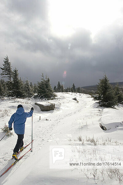 A woman cross country skiing along a ridge trail.; Canaan Valley  West Virginia.