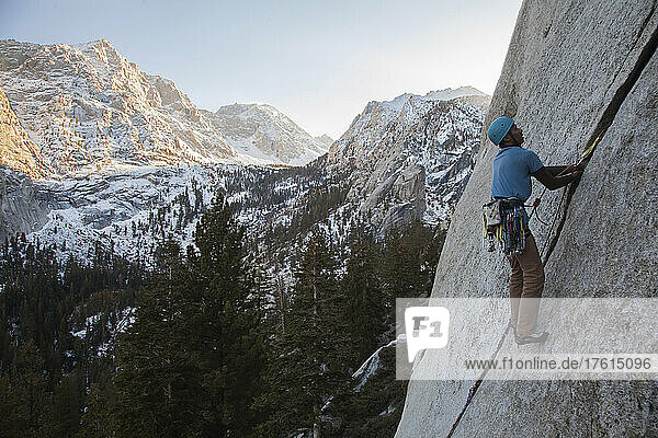 Lone Pine peak looms over a climber in Whitney Portal.