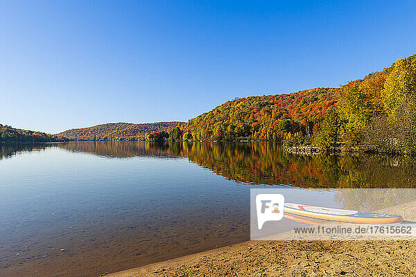 Lake Tremblant and autumn colours along the shoreline with a paddleboard sitting on the beach; Mont-Tremblant  Quebec  Canada