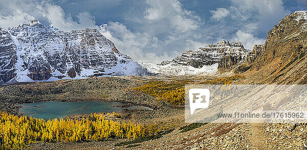 Eiffel Lake und Lärchen in ihren Herbstfarben mit den zerklüfteten kanadischen Rocky Mountains im Hintergrund  Banff National Park; Alberta  Kanada