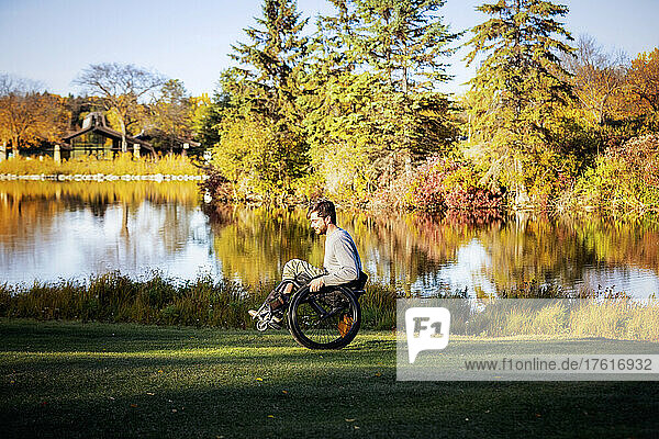 Young paraplegic man in a wheelchair outdoors in a park in autumn; Edmonton  Alberta  Canada