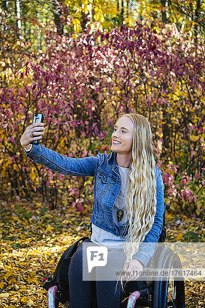 A young paraplegic woman in her wheelchair taking a self portrait with her smart phone in a park on a beautiful fall day; Edmonton  Alberta  Canada