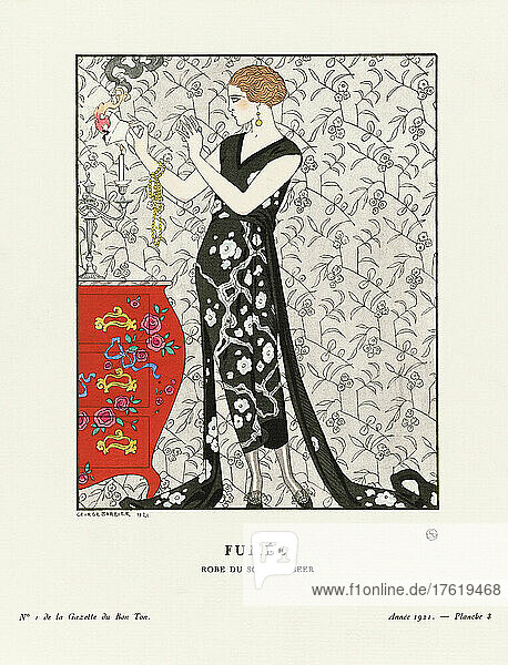 EDITORIAL Fumée. Smoke. Robe du Soir  De Beer. Evening dress by Gustav Beer. Art-deco fashion illustration by French artist George Barbier  1882-1932. The work was created for the Gazette du Bon Ton  a Parisian fashion magazine published between 1912-1915 and 1919-1925.