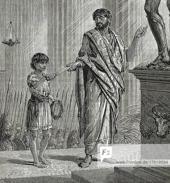 The child Hannibal Barca  247 - circa 183 BC swears to his father  Hamilcar Barca  circa 275 - 228 BC  that he will never be a friend of Rome. From Cassell's Illustrated Universal History  published 1883.