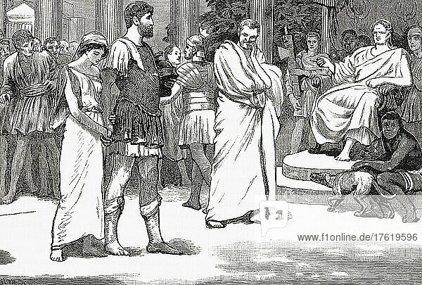 Verginia or Virginia  465 BC–449 BC  daughter of Lucius Verginius  a centurion in the Forum. In 451 BC  Appius Claudius  one of the decemvirs began to lust after Verginia  when she rejected him  he sent his servant  Marcus Claudius  to kidnap her pretending he was Appius' slave. Rather than have his daughter dishonoured by the decemvir  her father seized a knife from a butcher in the marketplace and stabbed Verginia to death. From Cassell's Illustrated Universal History  published 1883.