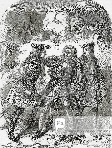 Die Verhaftung von Sir John Fenwick. Sir John Fenwick  3. Baronet  ca. 1645 - 1697. Englischer jakobitischer Verschwörer  der in ein jakobitisches Komplott zur Ermordung des Monarchen Wilhelm III. verwickelt war. Er wurde verhaftet und 1697 enthauptet. Aus Cassell's Illustrated History of England  veröffentlicht ca. 1890.
