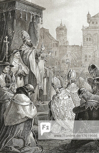 Papst Urban II. in Clermont-Ferrand  Frankreich  im Jahr 1095  wo er am Konzil von Clermont teilnahm. Das Bild bezieht sich auf seine Rede vom 27. November  als er mit seinem Aufruf zu den Waffen den ersten Kreuzzug startete. Papst Urban II. ca. 1035 - 1099. Nach einem Werk eines nicht identifizierten Künstlers.