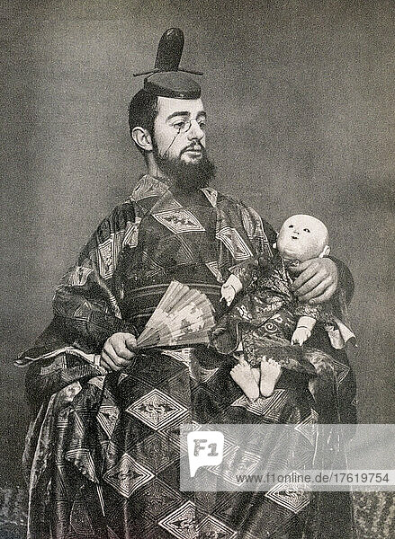 Toulouse-Lautrec dressed as a Japanese and holding a fan and a doll. After a photograph by French photographer Maurice Guibert  1856 - 1922  a friend of Toulouse-Lautrec. Henri Toulouse-Lautrec  1864 - 1901  French Post-Impressionist artist.