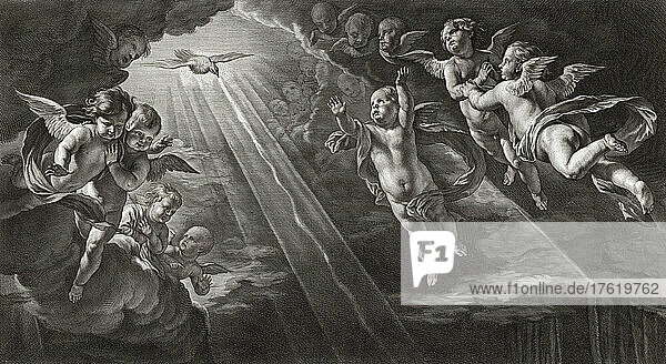 A choir of angels in the heavens with the Holy Spirit symbolized by a dove descending. From a 17th century engraving by Nicolas Pitau after a work by Philippe de Champaigne.