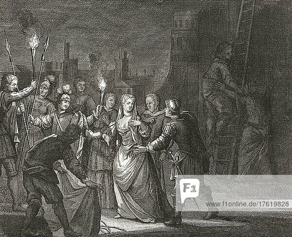 Marie de Medici  1573 - 1642. Königin von Frankreich als zweite Frau von König Heinrich IV. Hier sieht man sie mit Hilfe von Sympathisanten aus dem Schloss Blois fliehen  nachdem sie von ihrem Sohn König Ludwig XIII. dorthin verbannt worden war. Nach einem Kupferstich von Philip van Gunst.