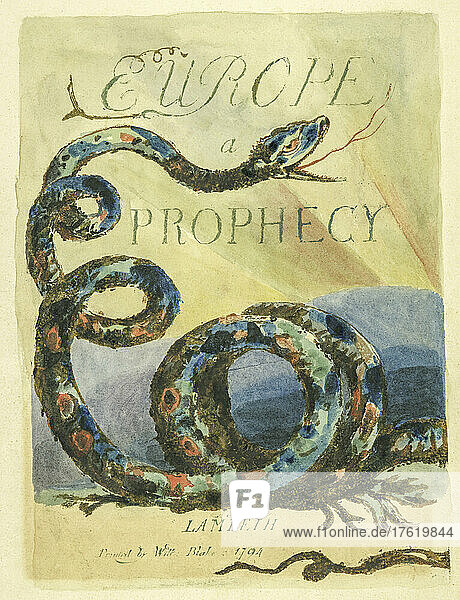 Titelblatt von Europa eine Prophezeiung  erstmals veröffentlicht 1794. Von dem englischen Dichter und Künstler William Blake  1757 - 1827. Die Schlange soll Orc  auch Luvah genannt  darstellen  der in Blakes Mythologie Liebe und Revolution symbolisiert.