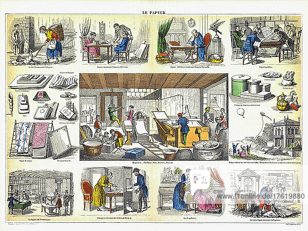 The production of paper and its uses. Captions in French language. After a late 19th century print by Belin et Bethmont.