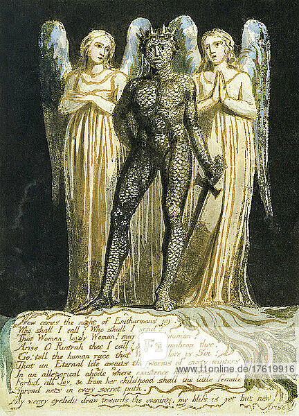 Aus Europa eine Prophezeiung  veröffentlicht 1794. Vom englischen Dichter und Künstler William Blake  1757 - 1827. Figuren aus Blakes Mythologie oder Mythopoeia.