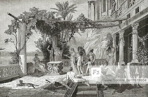 Tiberius in seiner Villa auf der Insel Capri  wo er viele seiner letzten Lebensjahre verbrachte. Tiberius Caesar Augustus  42 v. Chr. - 37 n. Chr. Zweiter römischer Kaiser. Aus Cassell's Illustrated Universal History  veröffentlicht 1883.