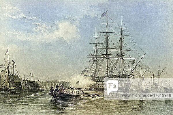 British Navy flagship saluting in the harbour at Gosford  Hampshire  England. After an engraving by William Finden from a work by Edward William Cooke.