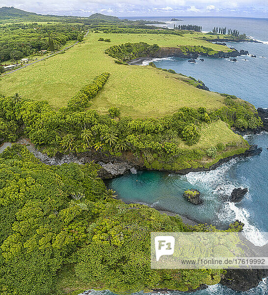 An aerial view of East Maui's most spectacular pool  Waioka Pond  also known as Venus Pool  a hidden gem along the rugged coastline just past Hana town  Maui  Hawaii  USA. Seven photographs were stitched together for this final image; Maui  Hawaii  United States of America