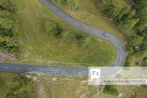 Drone view of curve of Albula Pass road