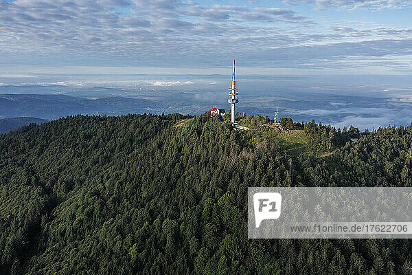 Aerial view of Sender Blauen tower on summit of Hochblauen mountain