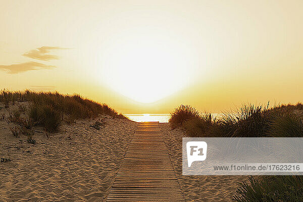 Boardwalk stretching along sandy beach at sunset