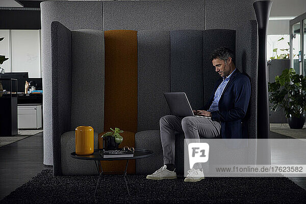 Businessman using laptop sitting on sofa at work place
