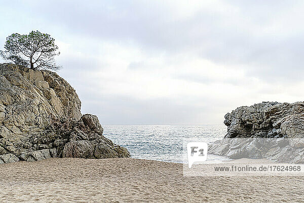Sea amidst rock formations on beach