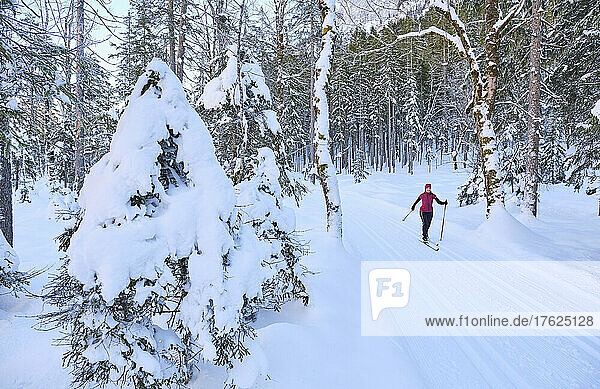 Active senior woman skiing by trees on snow