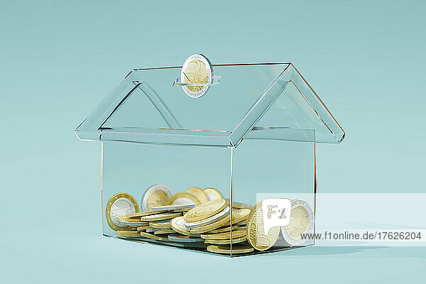 Three dimensional render of transparent house shaped coin bank
