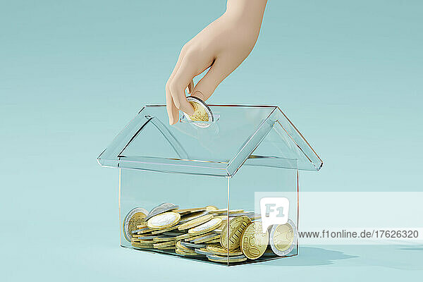Three dimensional render of human hand inserting Euro coin into transparent house shaped coin bank