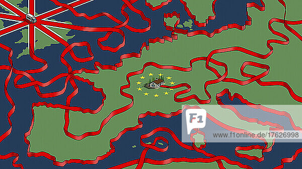 Lastwagen aus Großbritannien nähert sich Europakarte bedeckt mit rotem Band