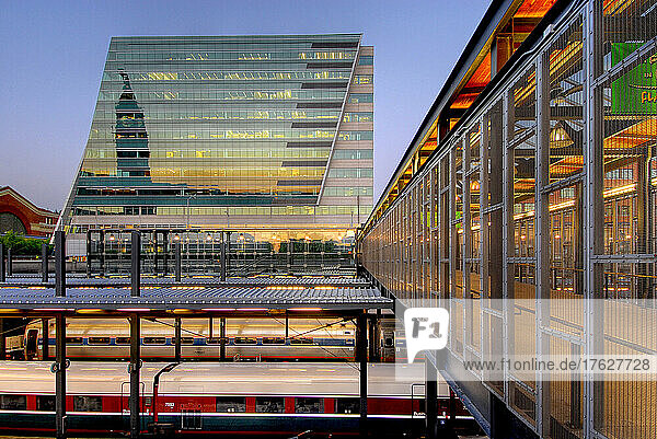 King Street railway station at dusk  downtown architecture in Seattle City