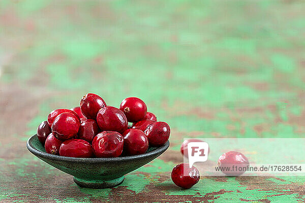 Fresh cranberries fruits in rustic bowl on burlap Background and daylight