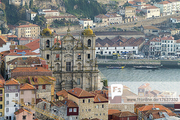 Portugal  Porto  Aerial view of Igreja dos Grilos and old town buildings