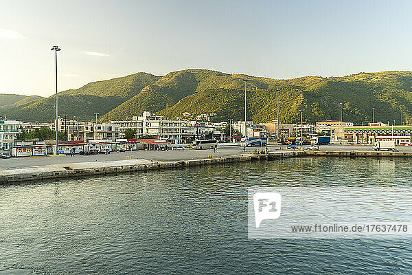 Greece  Igoumenitsa  Ferry terminal and green hills