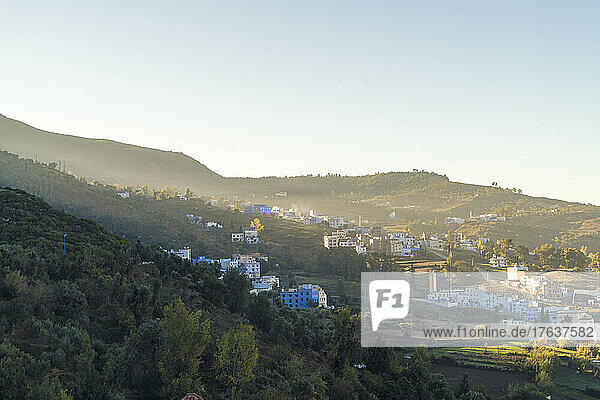Morocco  Chefchaouen  Aerial view of town on hillside