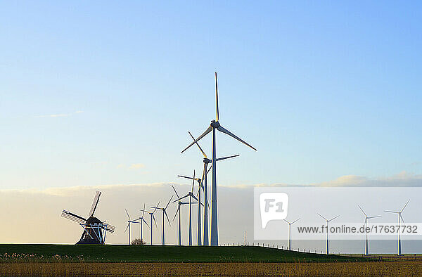 Netherlands  Eemshaven  Wind turbines and windmill in field