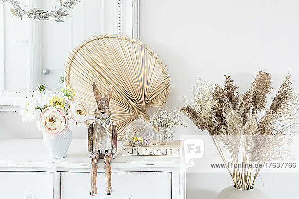 Wooden bunny and pampas grass spring home decor