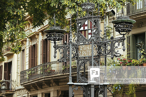 Spain  Catalonia  Barcelona  Close-up of Plaza San Pedro sign