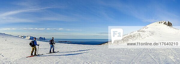 Panorama photo  Two ski mountaineers on Husafjellet with view of the sea  in the background Teisten  Bergsjforden  Senja Island  Troms  Norway  Europe