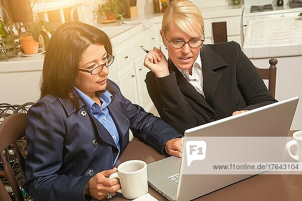 Businesswomen working on the laptop together in the kitchen